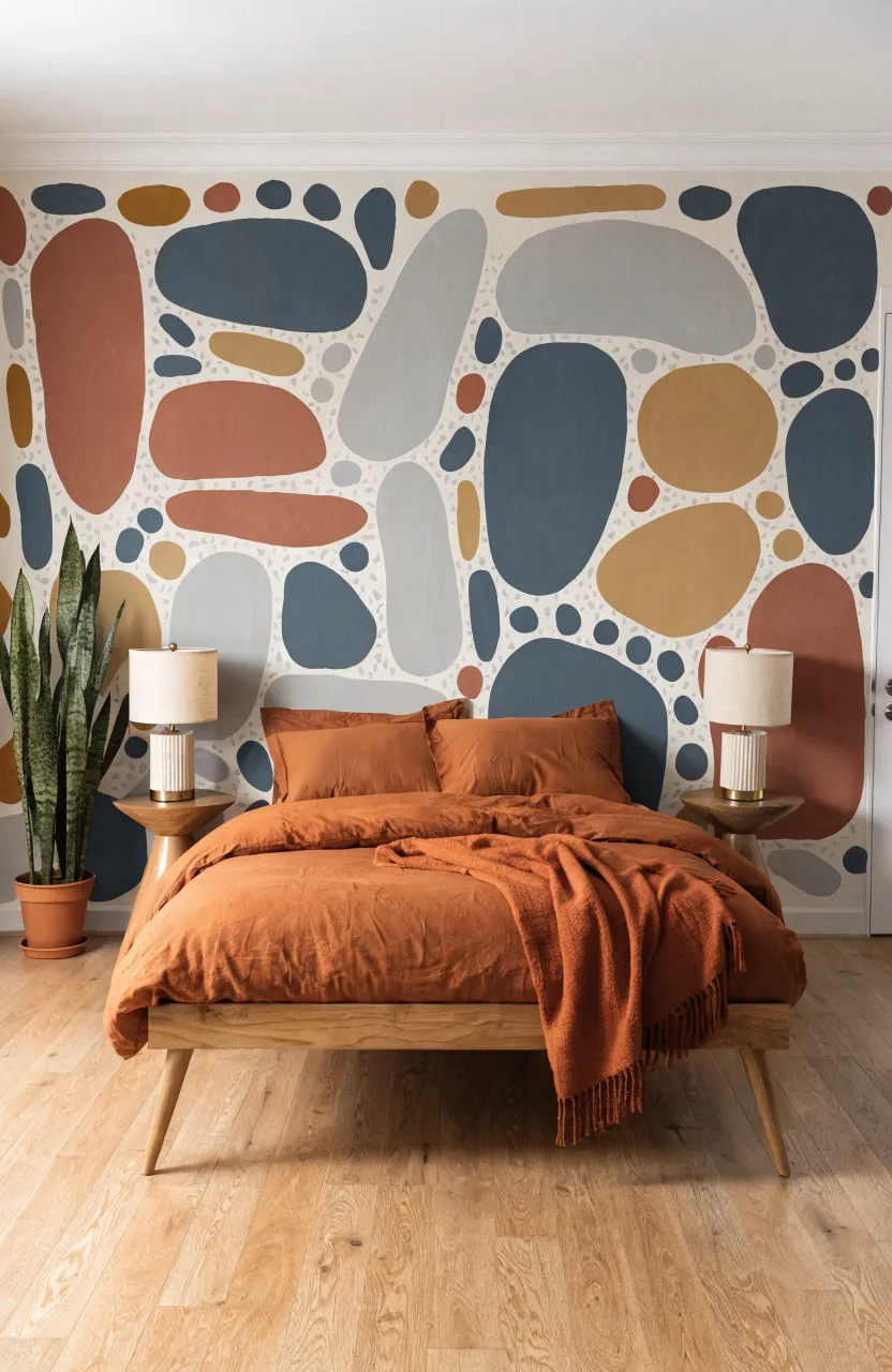 An abstract wall mural featuring large, irregular terrazzo shapes in earthy clay and tan tones.