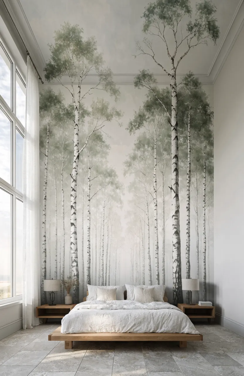 A floor-to-ceiling birch tree mural on a bedroom accent wall behind a modern bed.