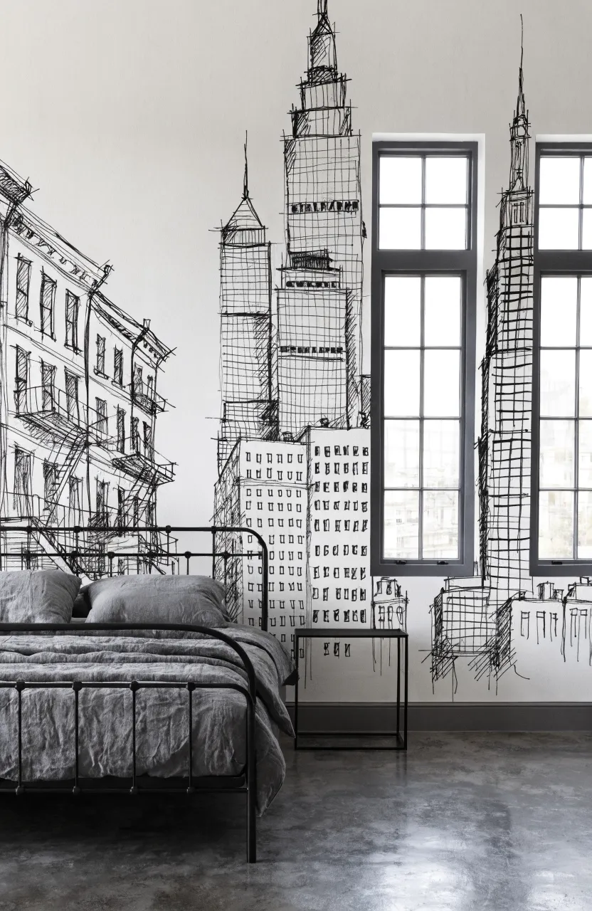 A black and white hand-drawn style cityscape mural on a minimalist bedroom wall.