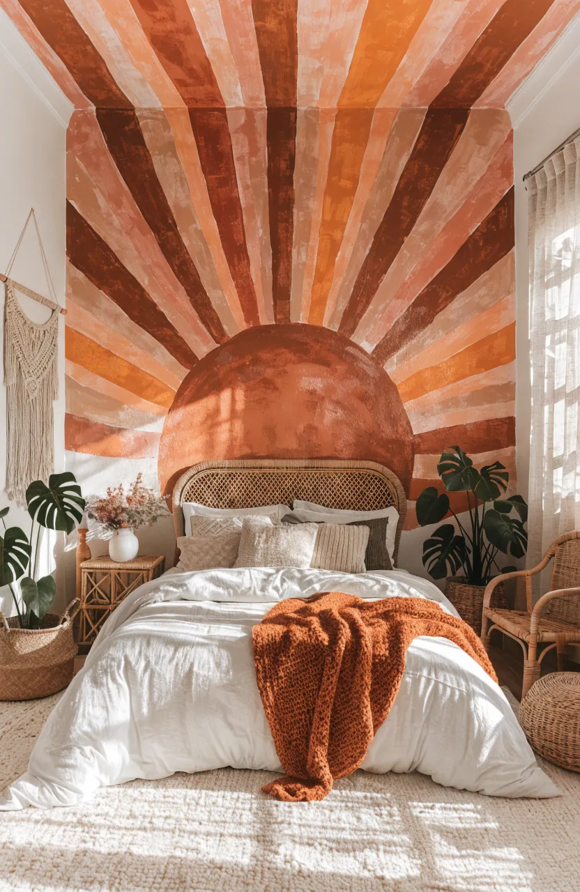 A warm terracotta sunburst mural on a bedroom wall with bohemian decor and plants.
