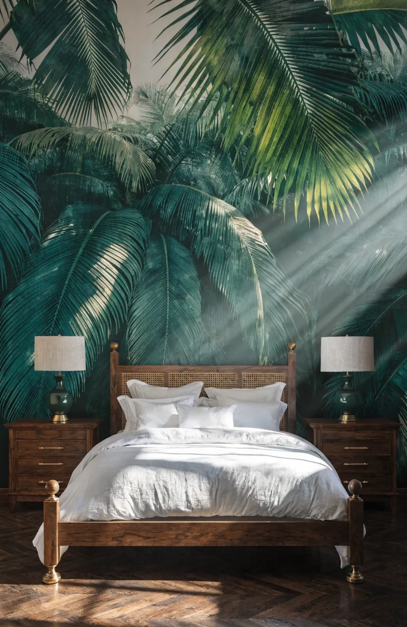 A lush mural of large, deep green tropical palm leaves in a stylish bedroom.