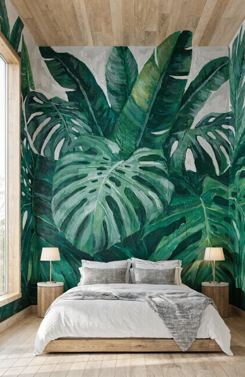 A modern bedroom featuring a large hand-painted mural of green tropical leaves behind the bed.