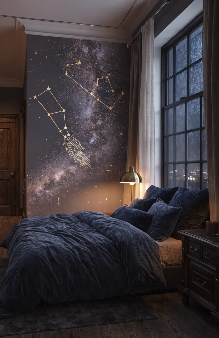 A dark grey bedroom wall featuring hand-painted gold constellations and soft nebula clouds.