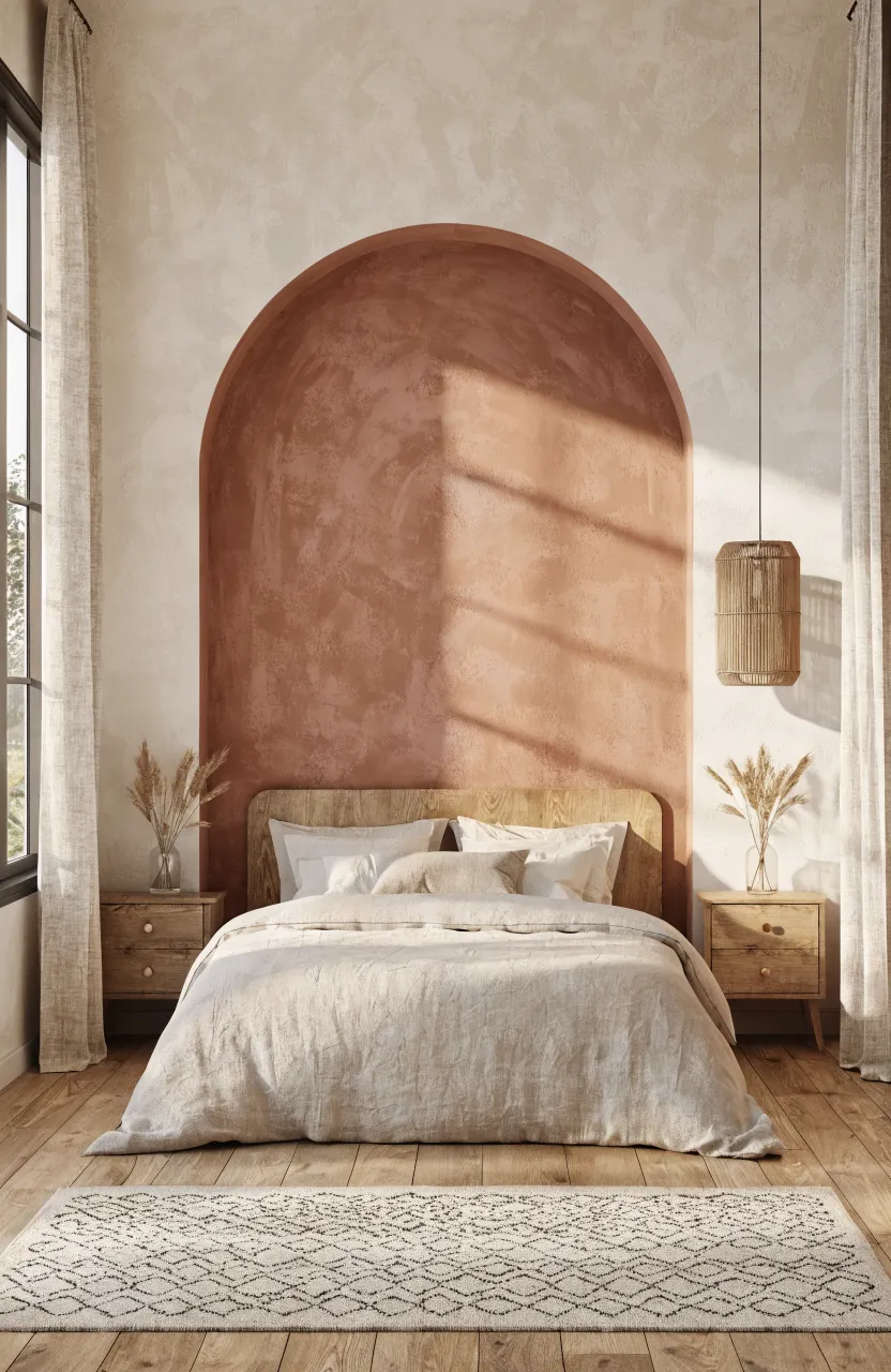 A terracotta-colored geometric arch painted on a bedroom wall behind a bed with neutral linens.