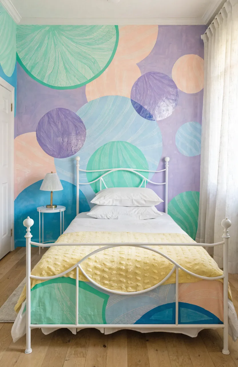 A bedroom wall decorated with large, overlapping circles in soft pastel mint, peach, and lavender.