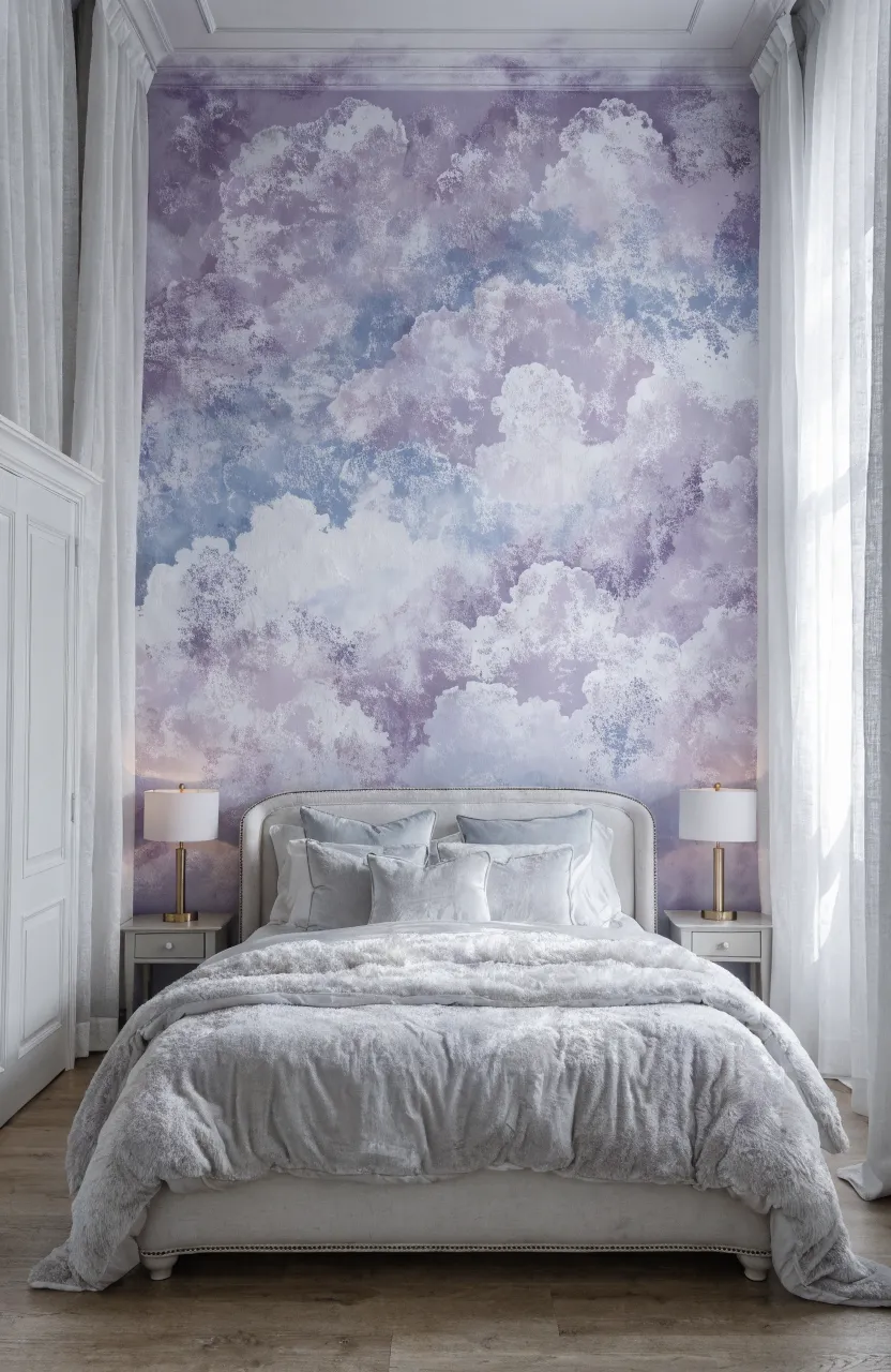 A soft, dreamy ombre cloud mural in lavender and blue on a bedroom accent wall.