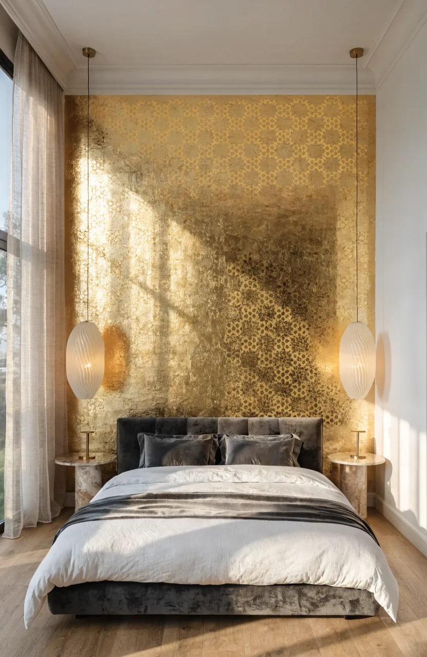 A luxury bedroom featuring a white wall with a symmetrical gold leaf Moroccan tile stencil mural.