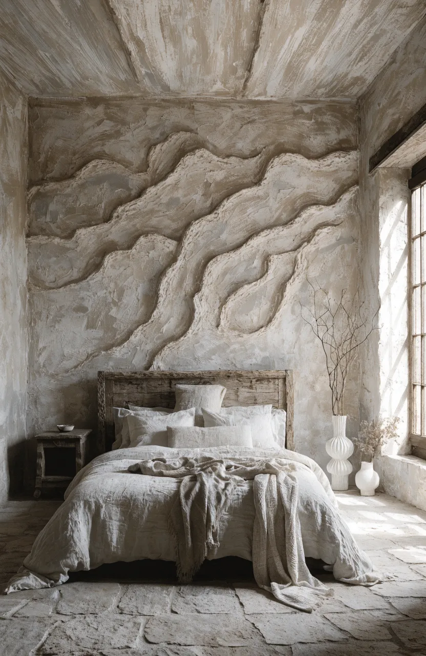 A bedroom wall with a sophisticated, neutral-toned textured plaster mural finish.