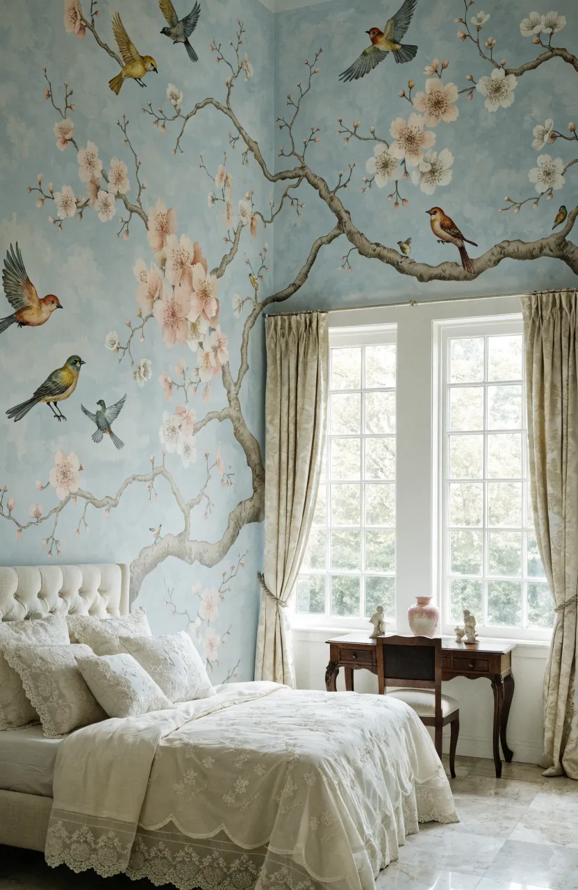 A delicate hand-painted Chinoiserie mural with birds and branches on a pale blue bedroom wall.