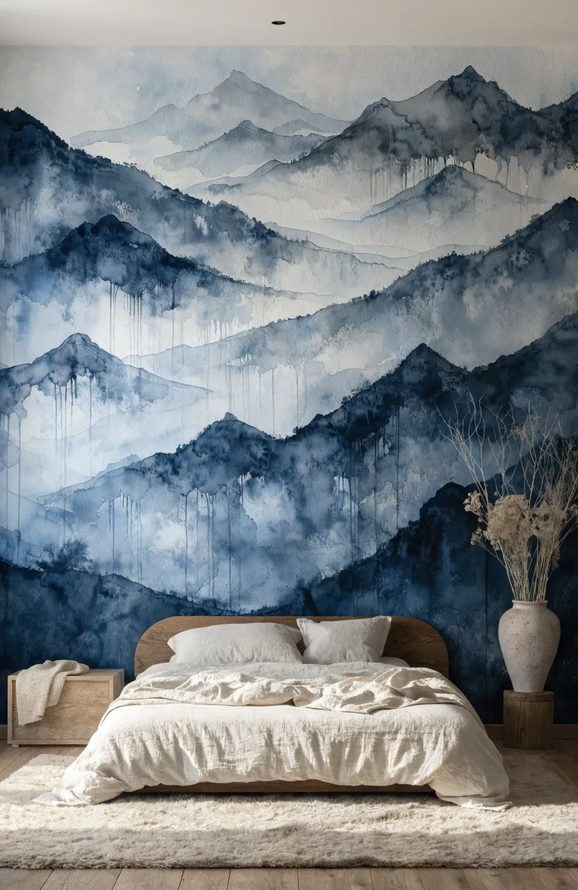 A peaceful bedroom with a blue and grey watercolor mountain mural creating a misty landscape effect.
