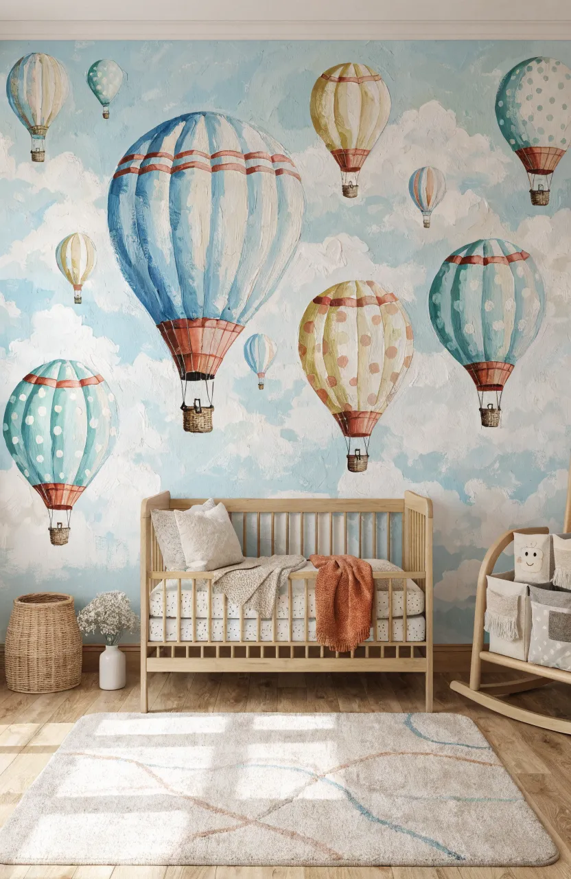 A playful nursery wall mural featuring colorful hot air balloons and white clouds.