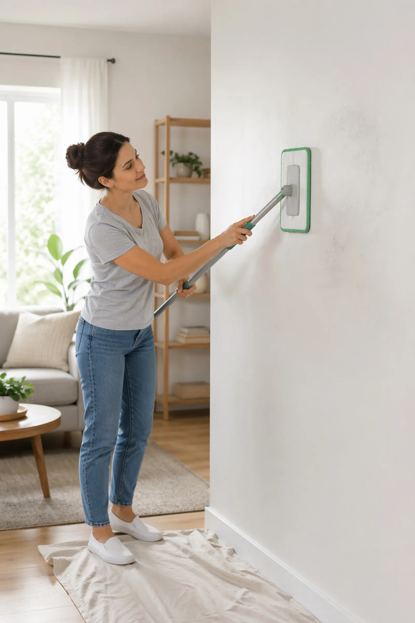 A person using a microfiber wall mop to clean a painted wall in a bright living room.