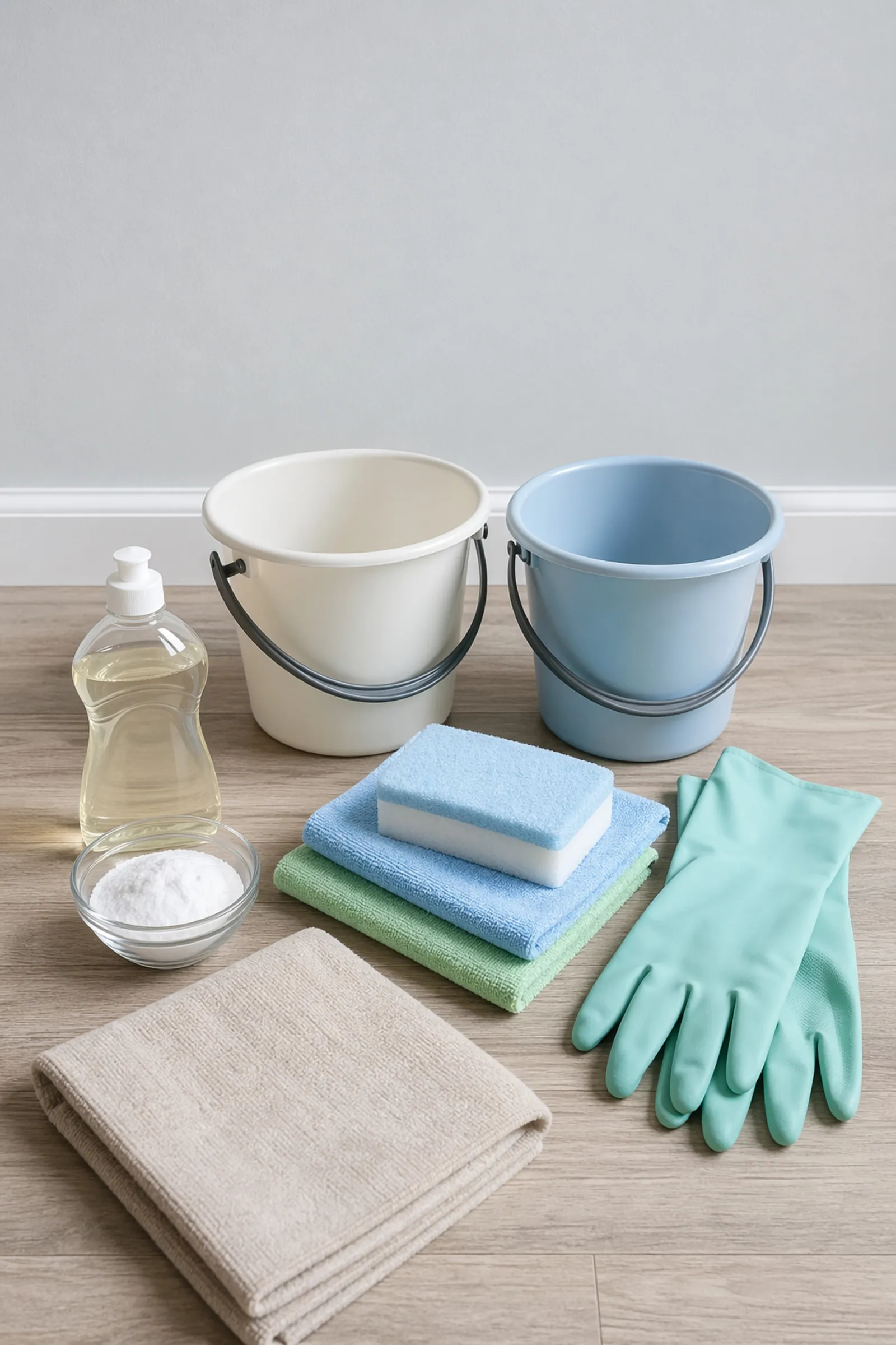 Wall-cleaning supplies including microfiber cloths, buckets, sponge, mild dish soap, gloves, and towel.