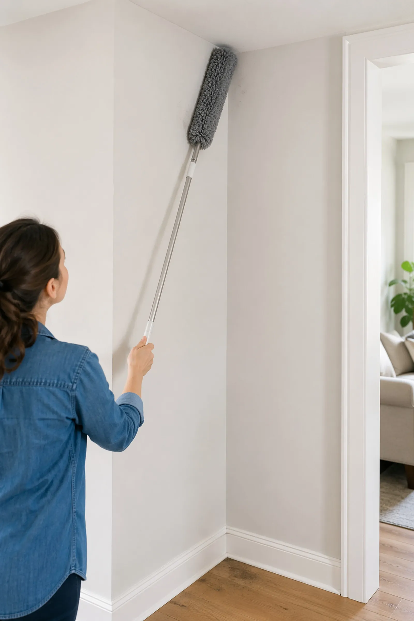 A long-handled microfiber duster cleaning the upper corner of a painted wall before washing.
