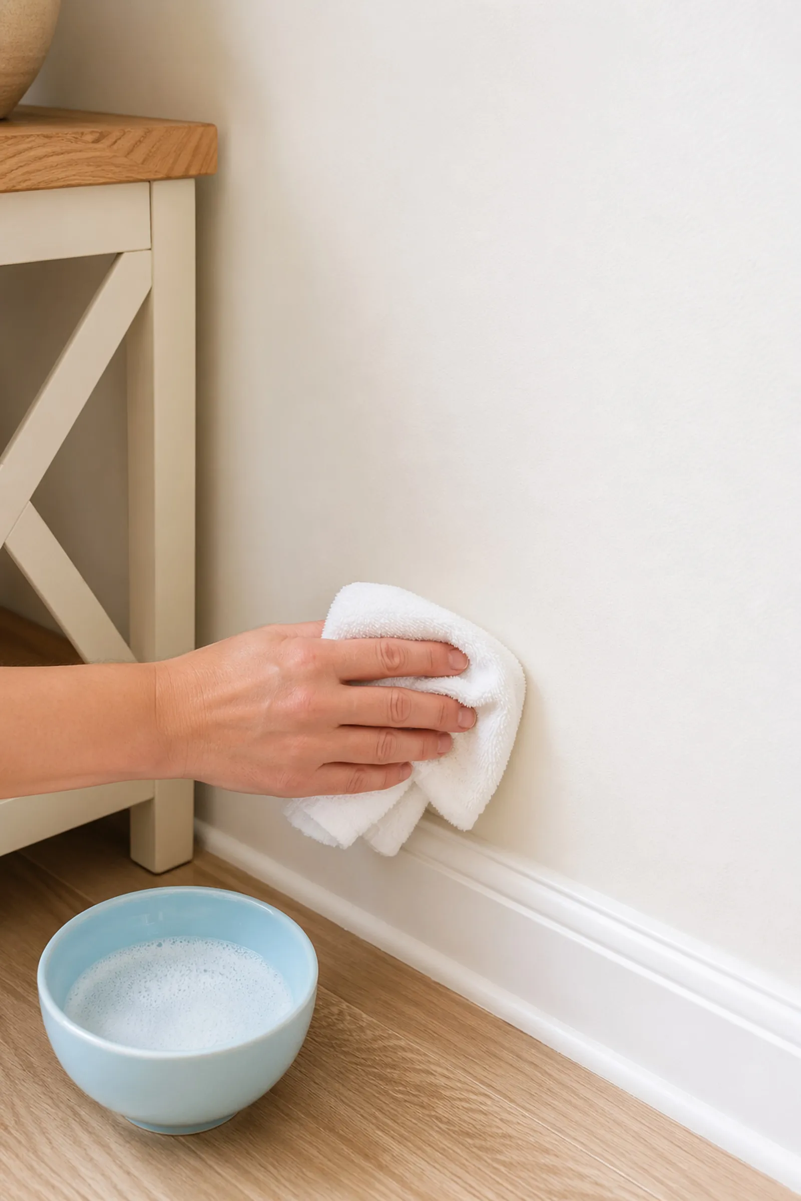 A hand testing a mild cleaning solution on a hidden painted wall spot near the baseboard.