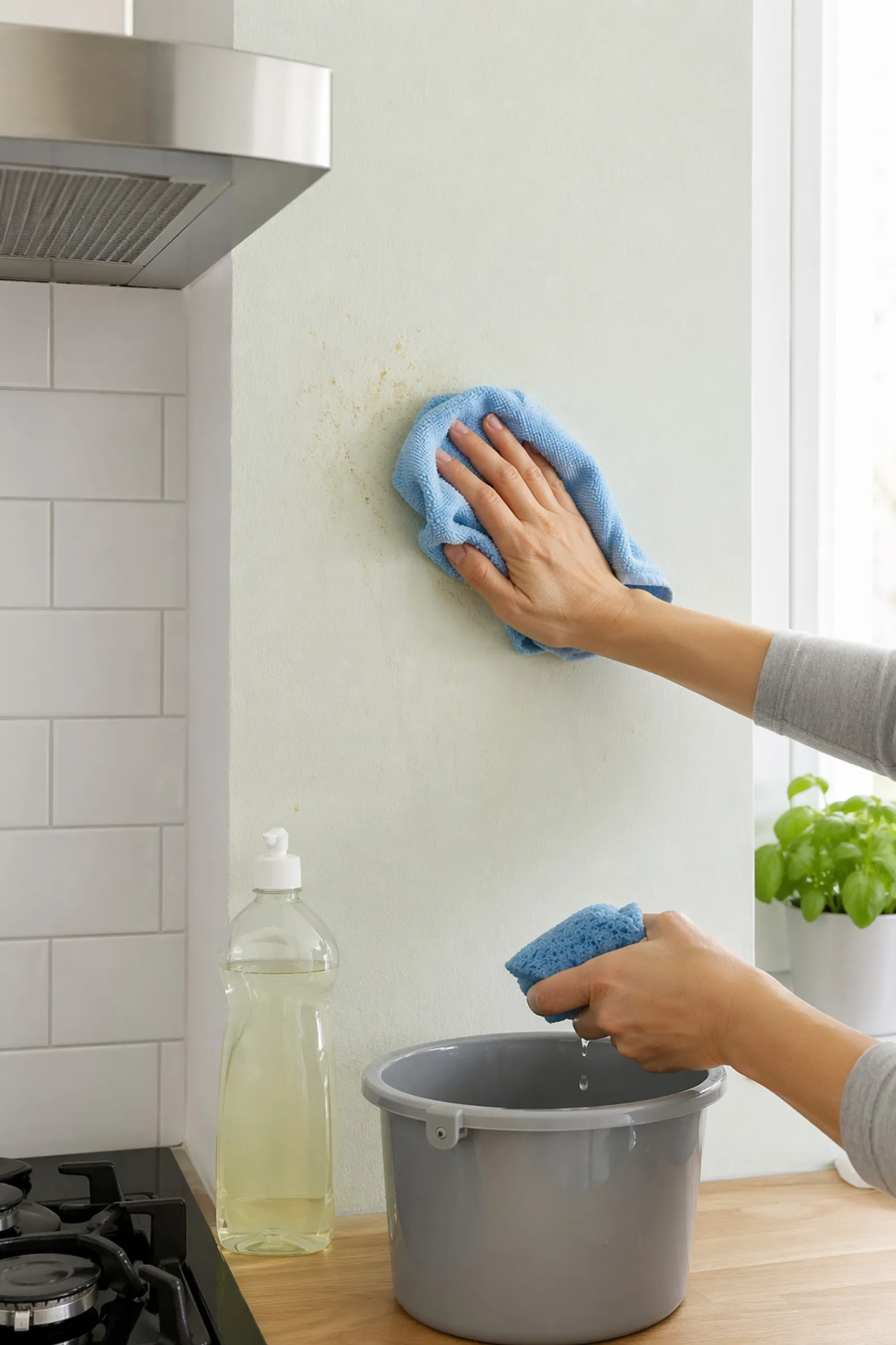 A person cleaning light kitchen grease from a painted wall with a damp microfiber cloth and mild soap.