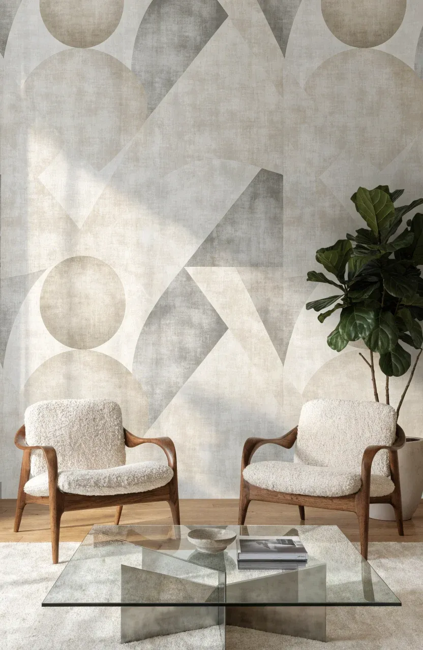 A modern living room with neutral geometric wallpaper, mid-century chairs, and a glass coffee table.