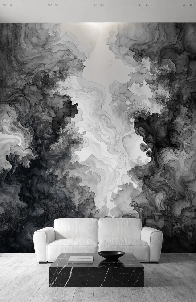 A modern living room with abstract grayscale ink wash wallpaper and a white sofa.