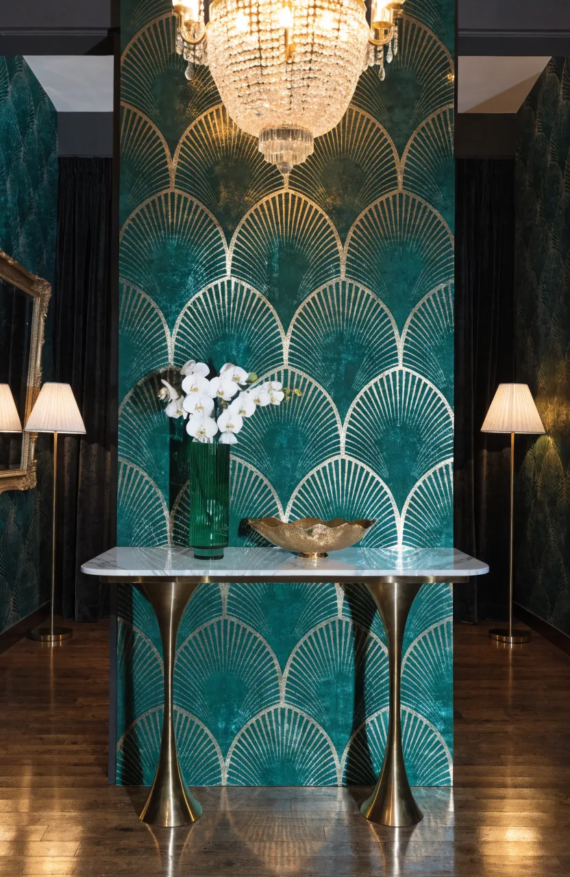 A luxurious living room with emerald green and gold Art Deco fan wallpaper and brass furniture.
