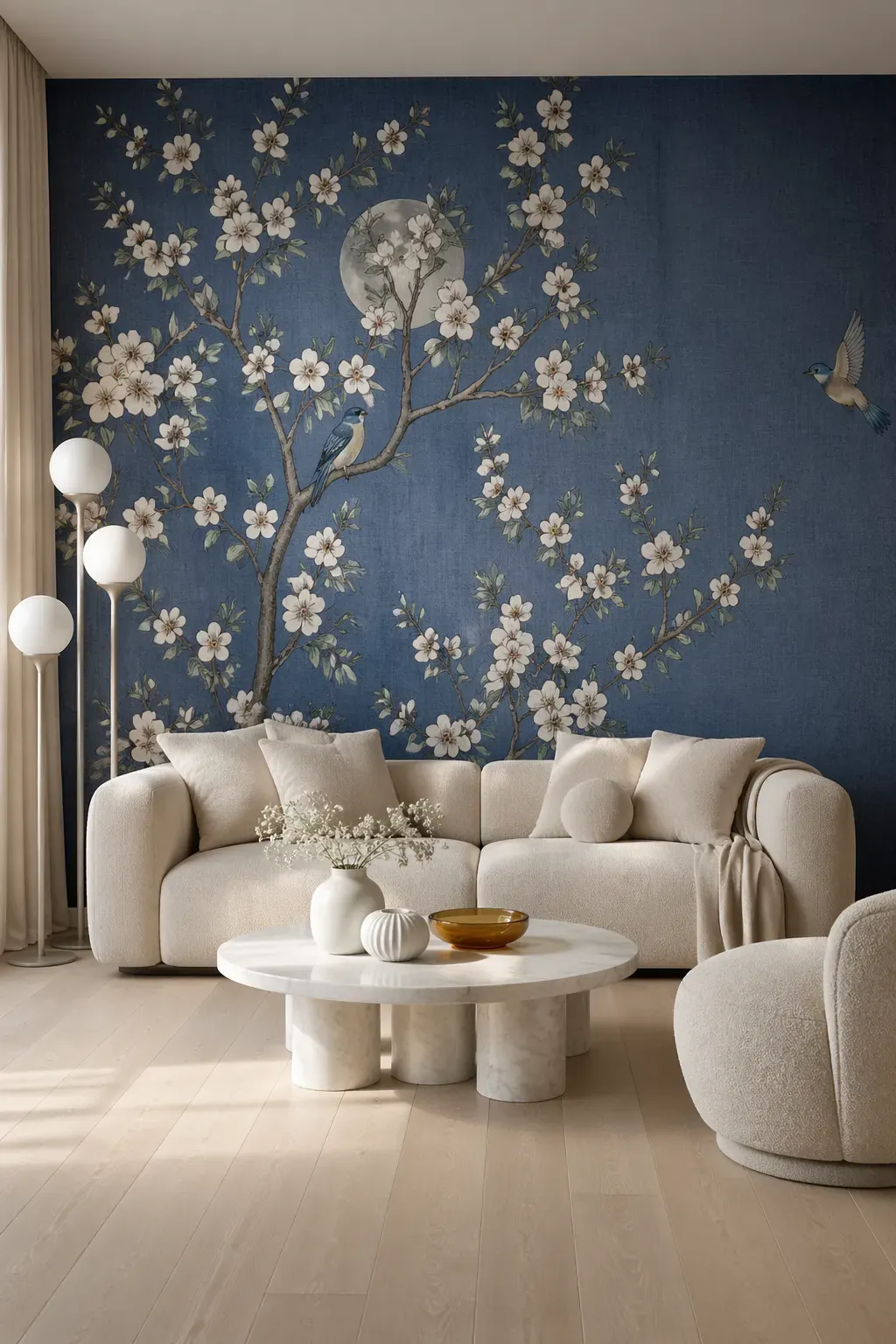 Deep blue textured linen-style mural with white cherry blossoms and delicate birds behind a plush beige sofa.