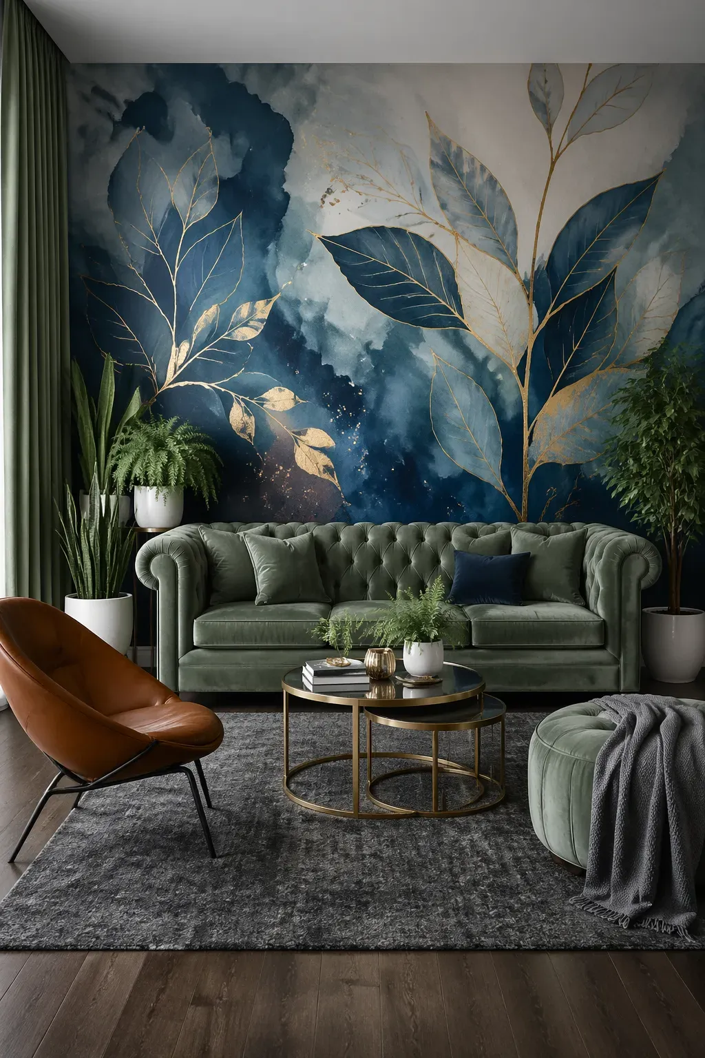 Blue watercolor mural with oversized leaves and gold branch outlines behind a sage green tufted sofa.