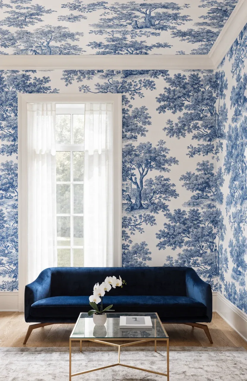 Classic blue and white toile wallpaper in a living room with a modern navy velvet sofa.