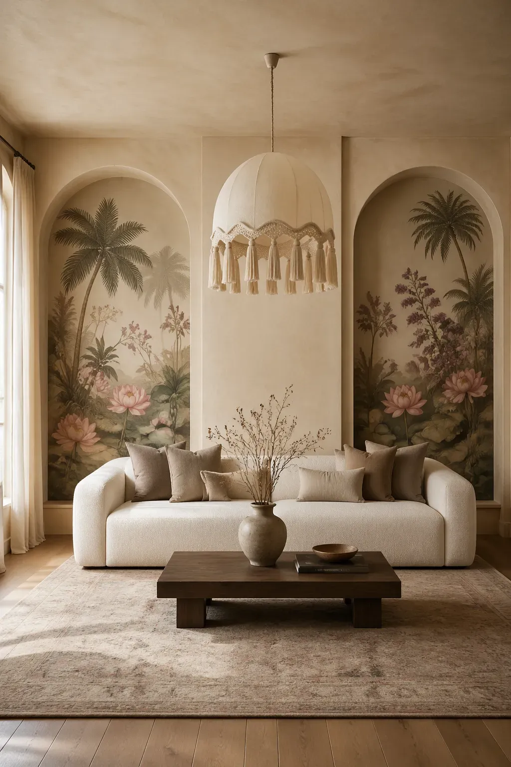 Symmetrical arched wall niches featuring botanical Chinoiserie wallpaper with palms and lotuses.