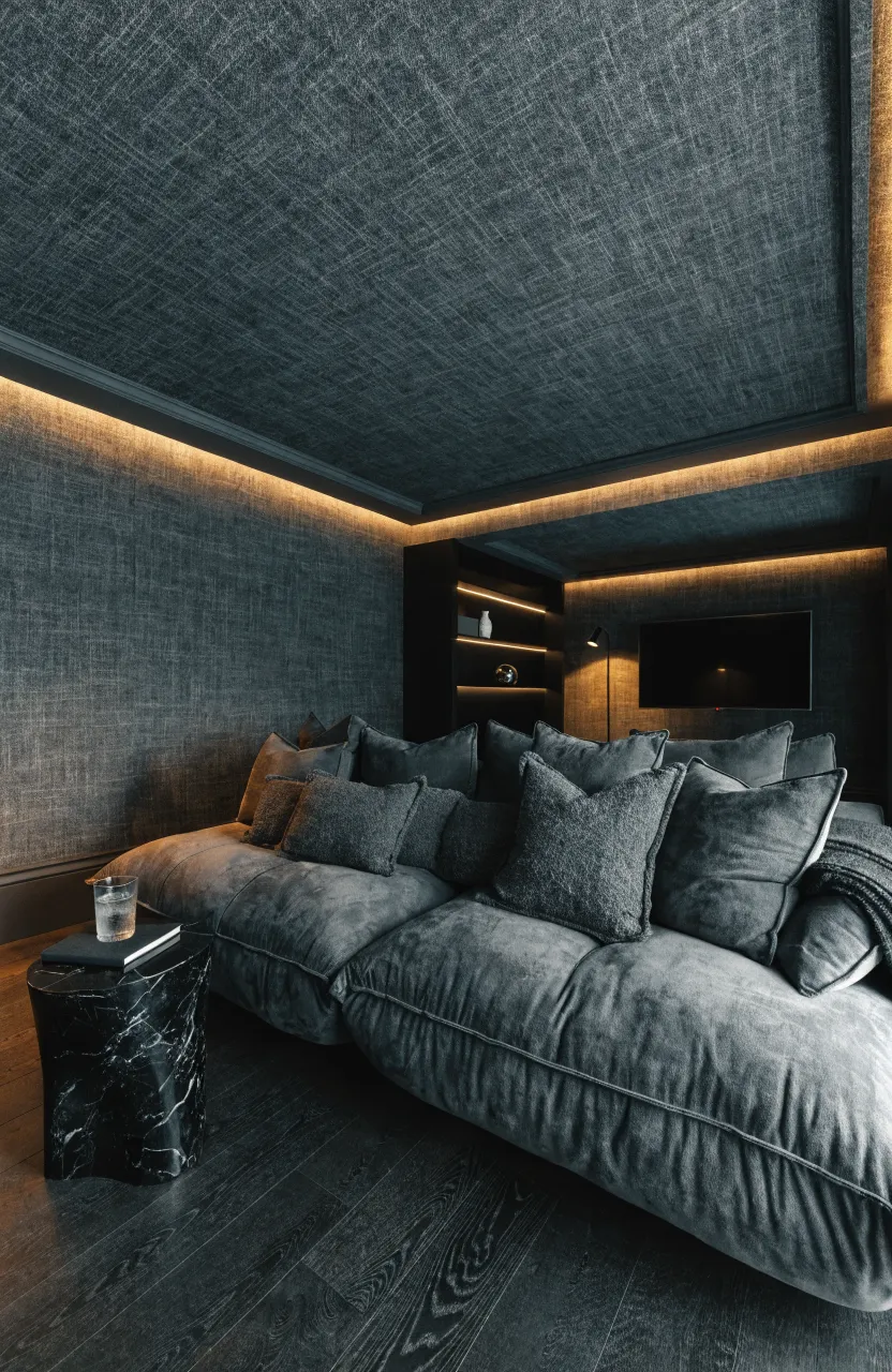 A cozy, dark living room with charcoal linen-textured wallpaper and a large grey sectional sofa.