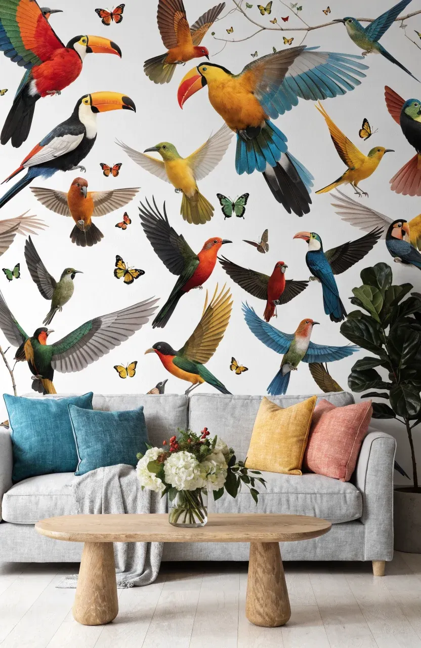 A bright living room with colorful bird and butterfly wallpaper on a white background.