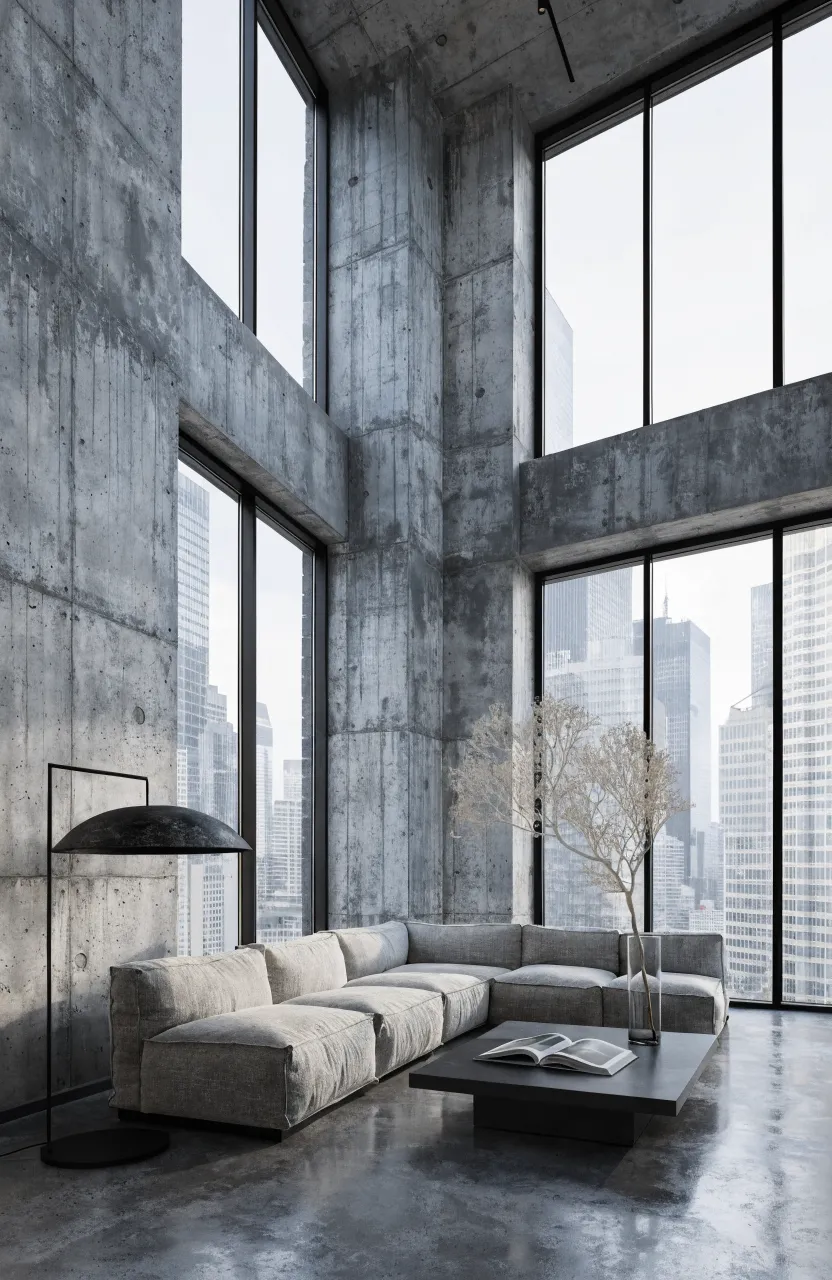 An industrial living room with grey concrete effect wallpaper and a low-profile grey sofa.