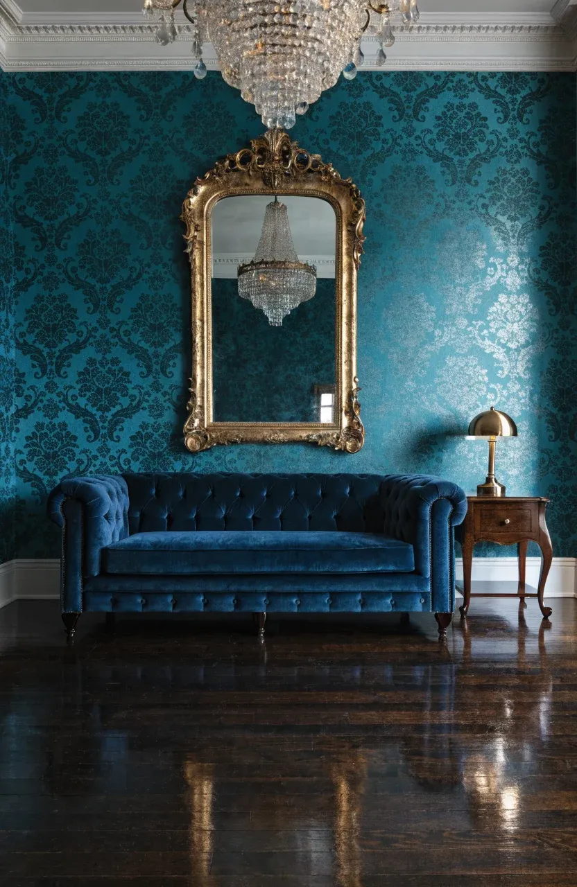 A luxurious living room with deep teal damask wallpaper and a navy velvet sofa.