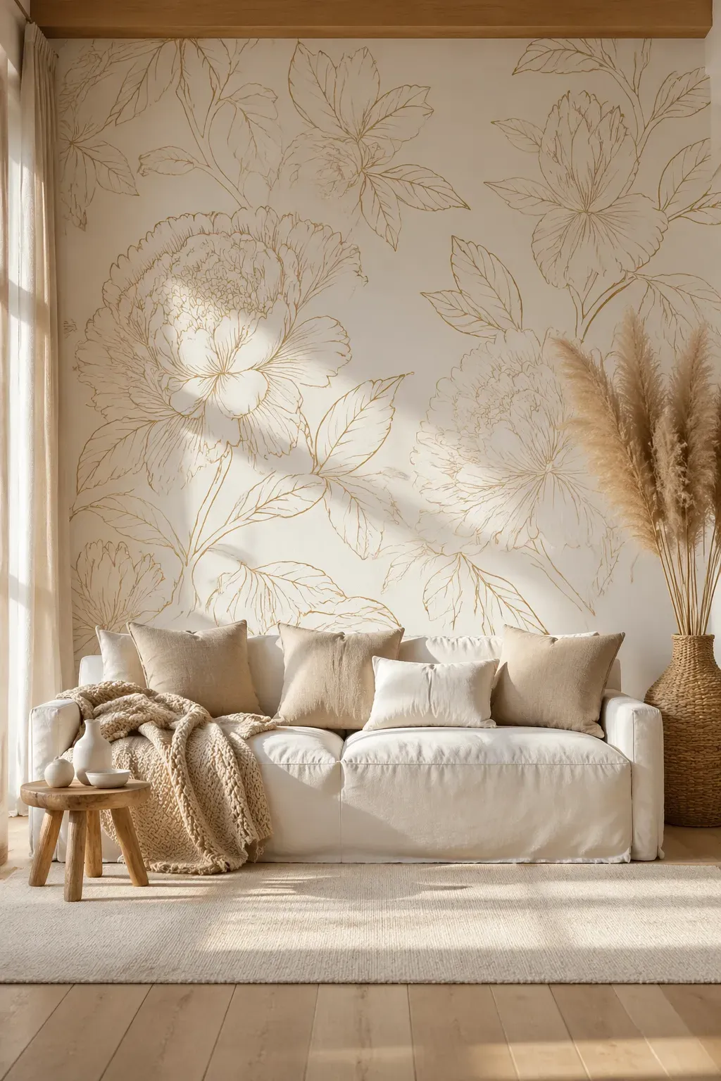 Cream wallpaper with golden-brown floral line art of delicate peony outlines behind a white sofa.