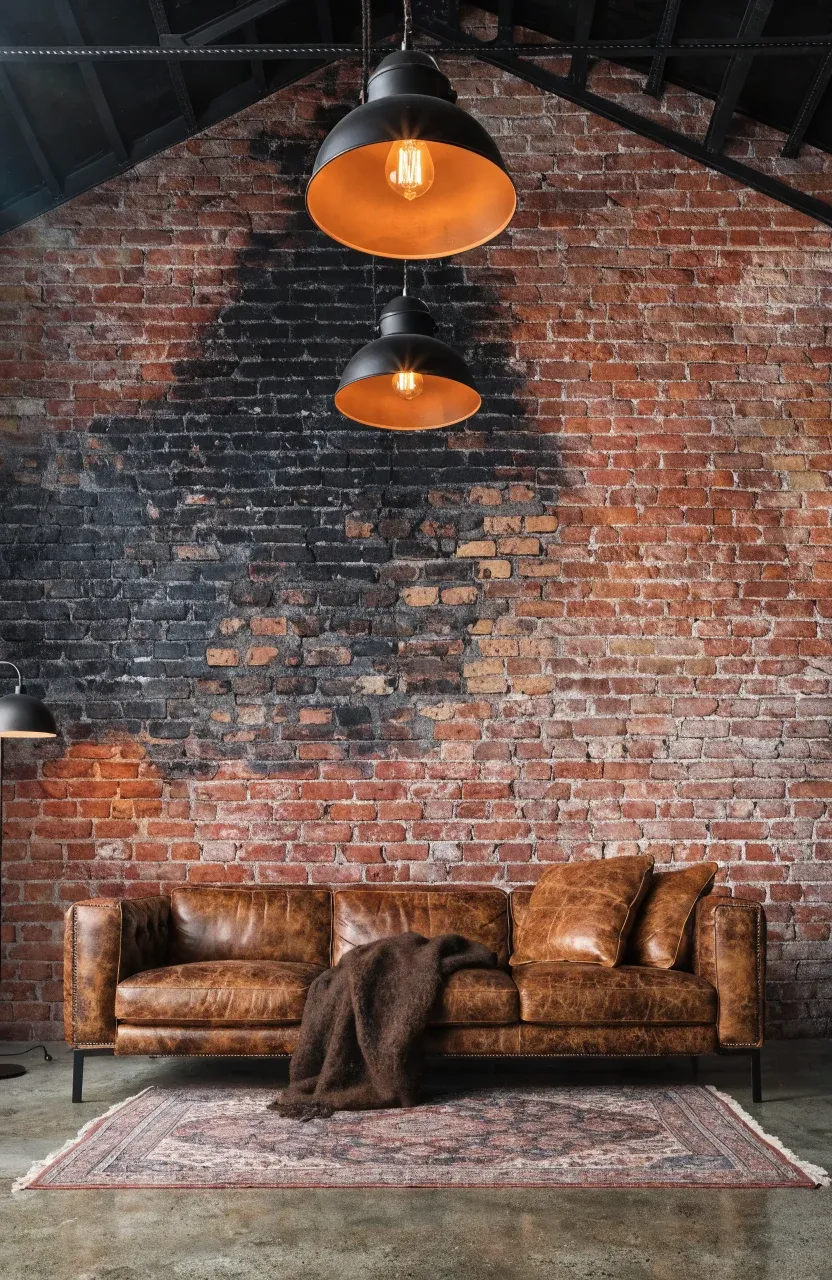 An industrial living room with faux brick wallpaper, a leather sofa, and black metal light fixtures.