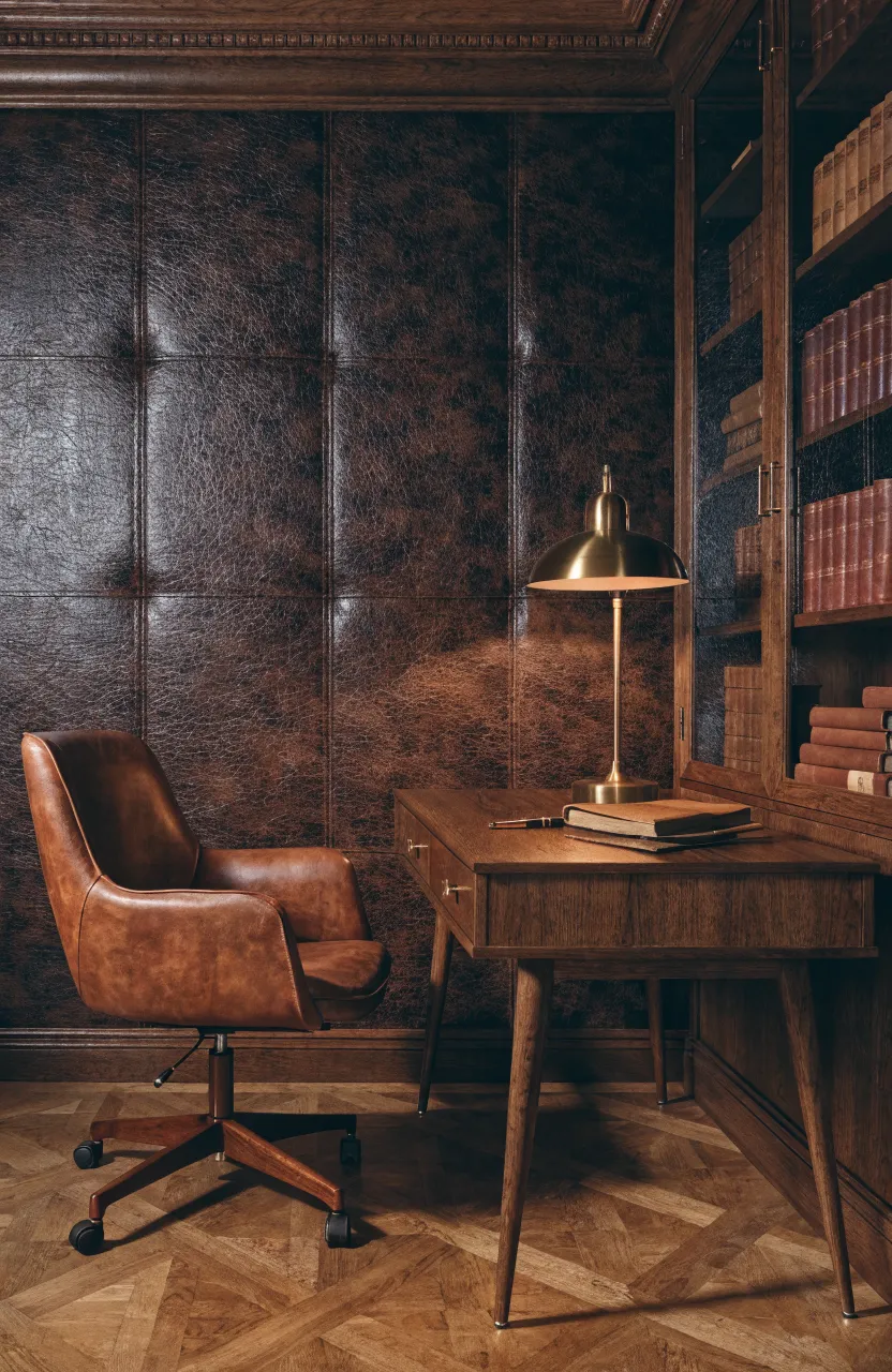 A sophisticated study corner with chocolate brown faux leather wallpaper and a walnut desk.