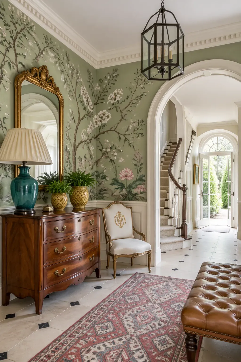 Pale sage green chinoiserie wallpaper with intricate birds and lotus motifs in a bright European foyer.
