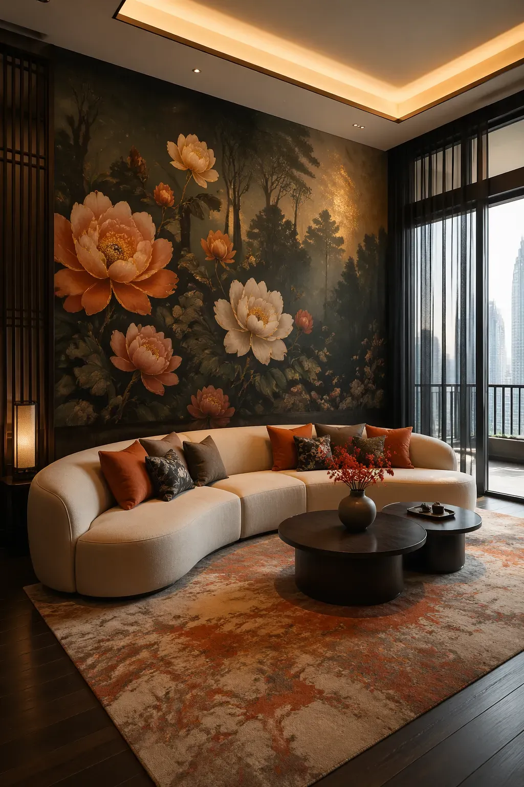 Full-wall floral mural with oversized peach and orange flowers against a dark forest-green background.