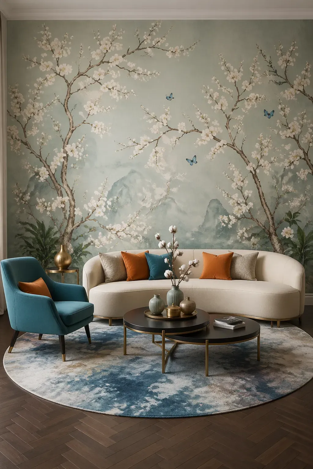 Modern Oriental mural with cherry blossom trees and butterflies against a misty blue and sage background.
