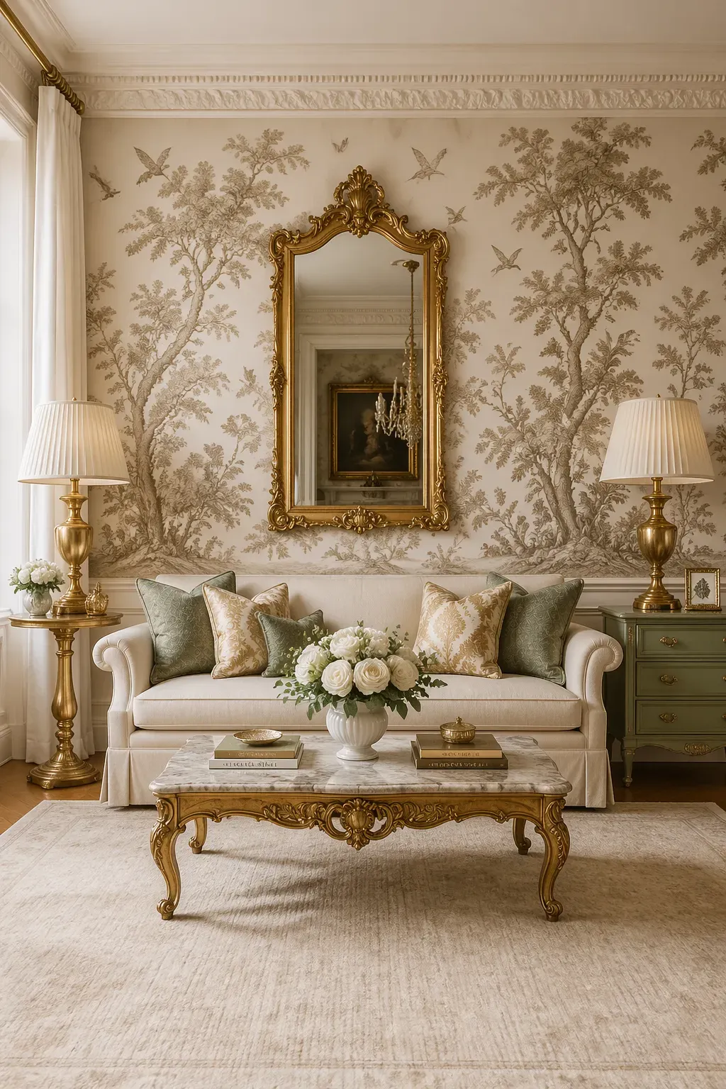 Off-white Chinoiserie wallpaper with a sepia-toned botanical pattern and gilded gold furniture.