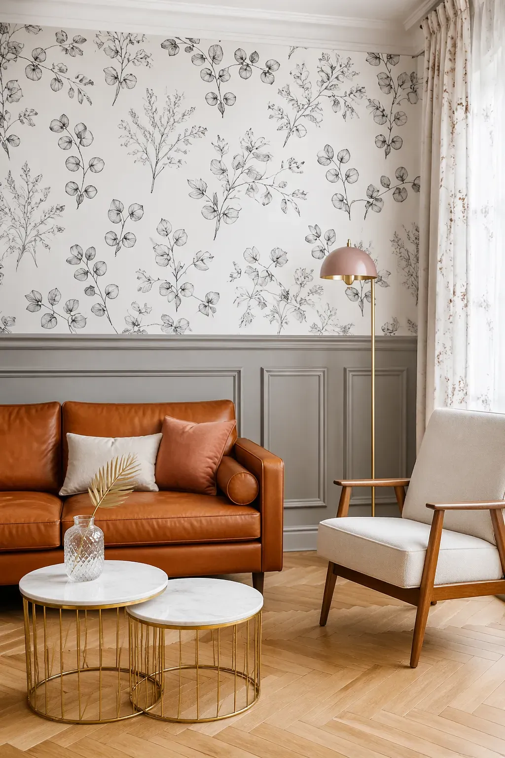 Black and white floral line-art wallpaper above a classic grey wainscoted wall with a cognac leather sofa.