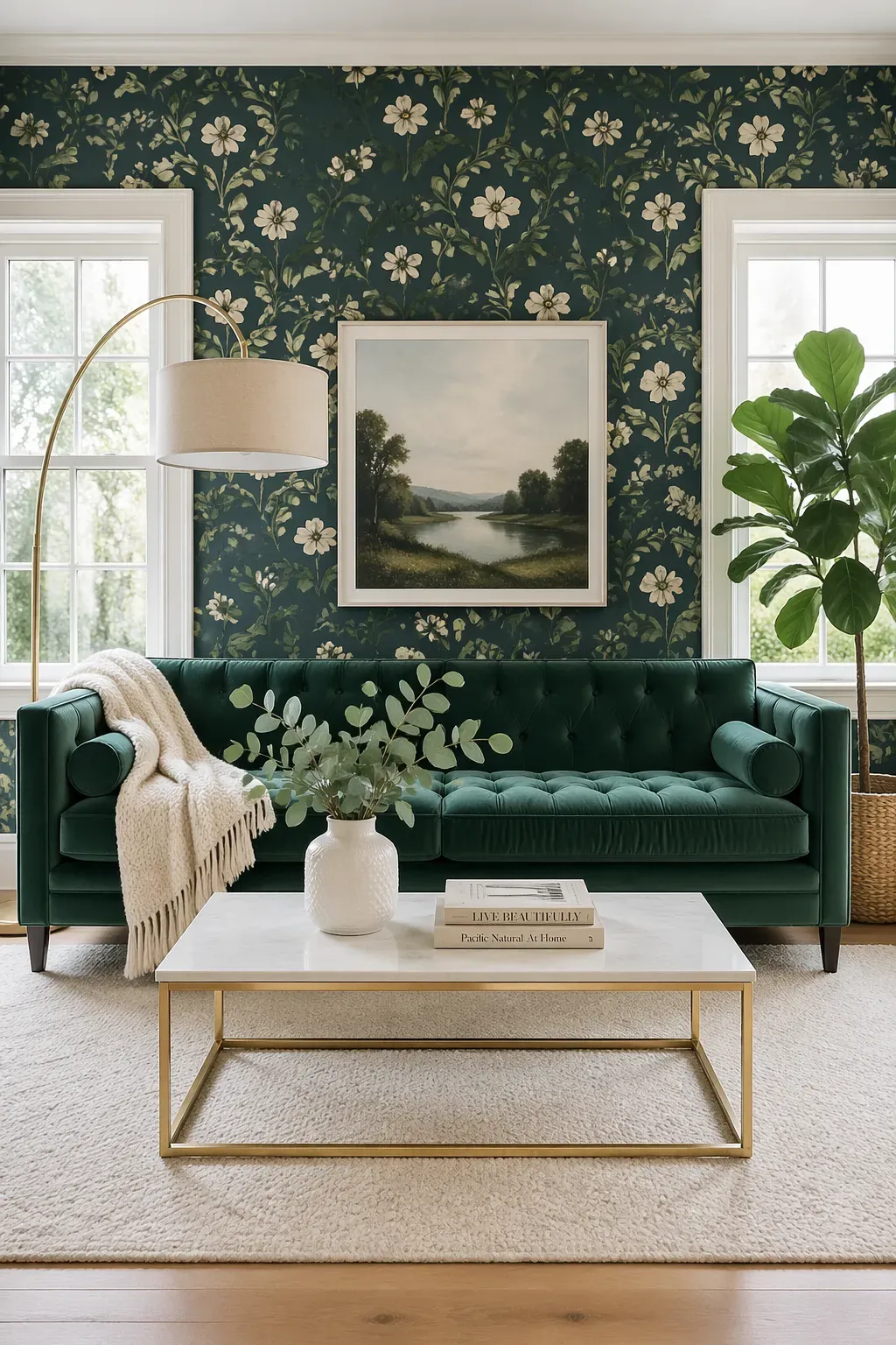Forest green floral wallpaper with white blossoms paired with an emerald green tufted velvet sofa.