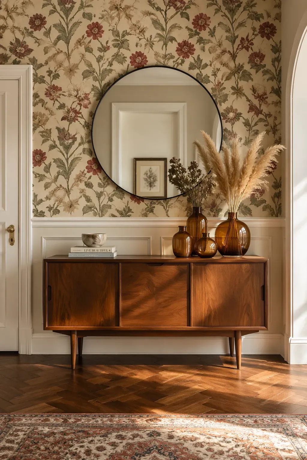 Vintage-inspired cream floral wallpaper with red and green patterns above white panel wainscoting.