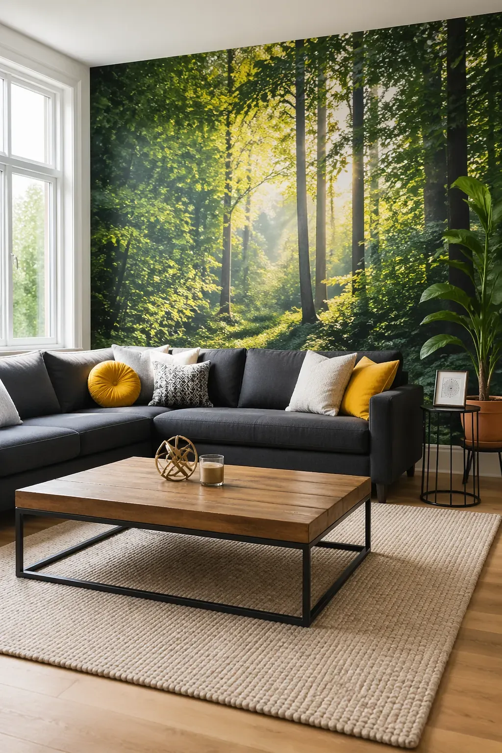 Hyper-realistic forest mural depicting sunlight filtering through green trees behind a gray L-shaped sofa.
