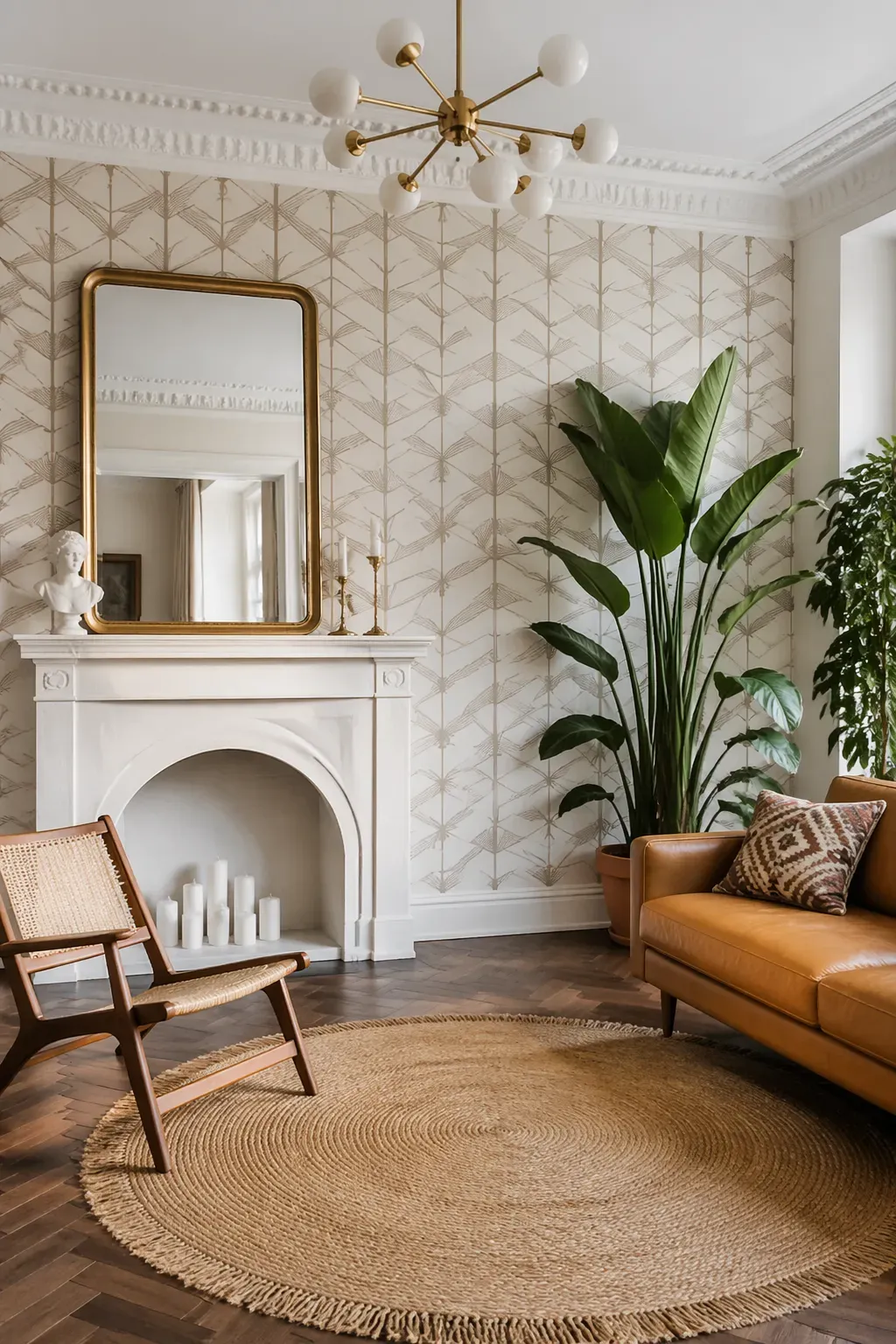 Geometric leaf pattern wallpaper in taupe and beige lines against a white background with a classic fireplace.