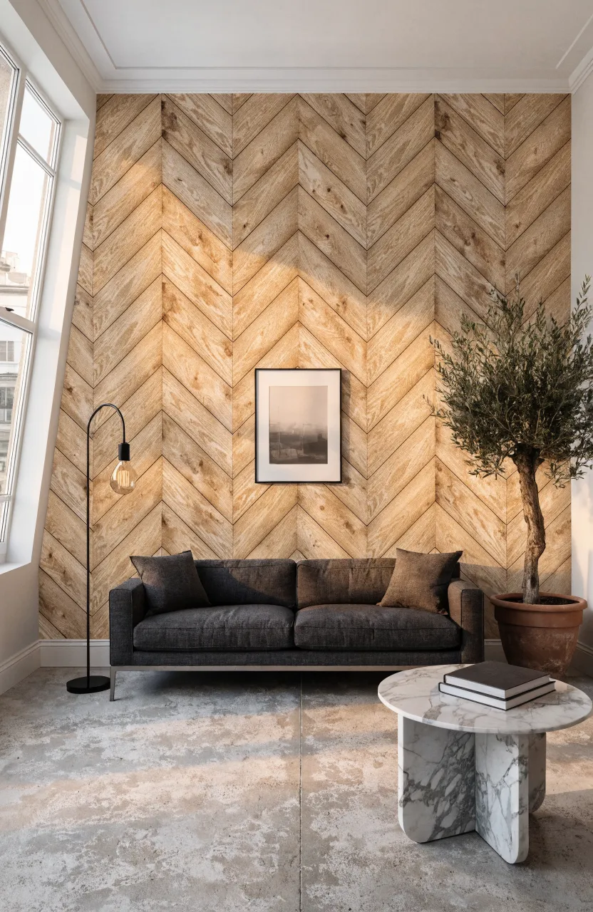 A modern living room with light oak herringbone wallpaper and a charcoal grey sofa.