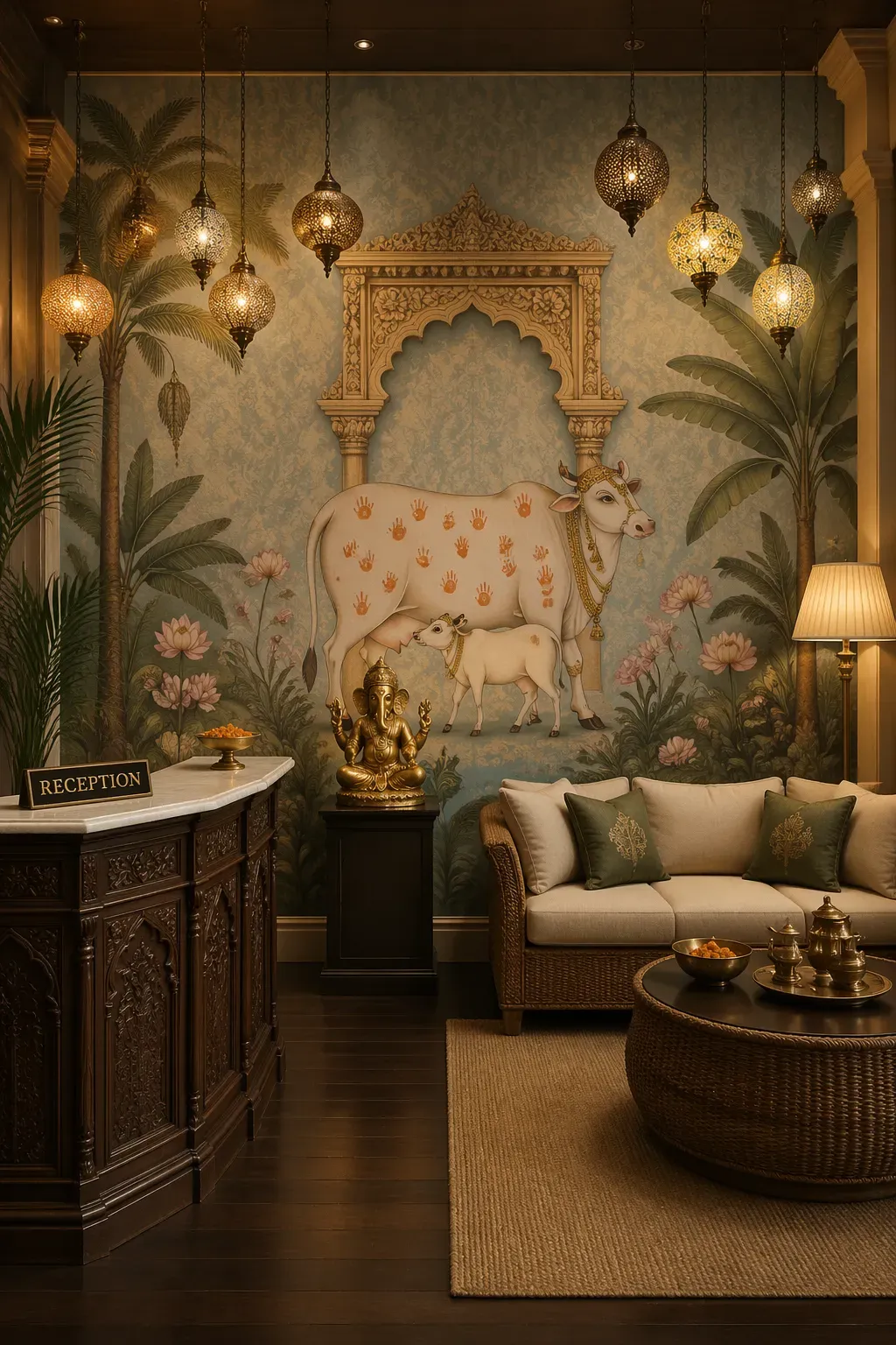Light teal-grey wallpaper featuring a hand-painted Indian Pichwai mural of a sacred cow and stone archway.