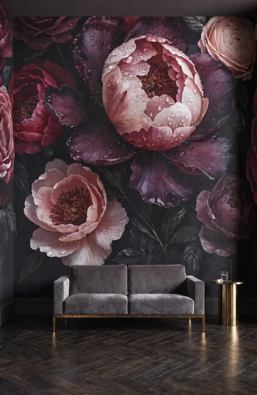 A dramatic living room featuring an oversized floral mural with deep plum and rose blooms.
