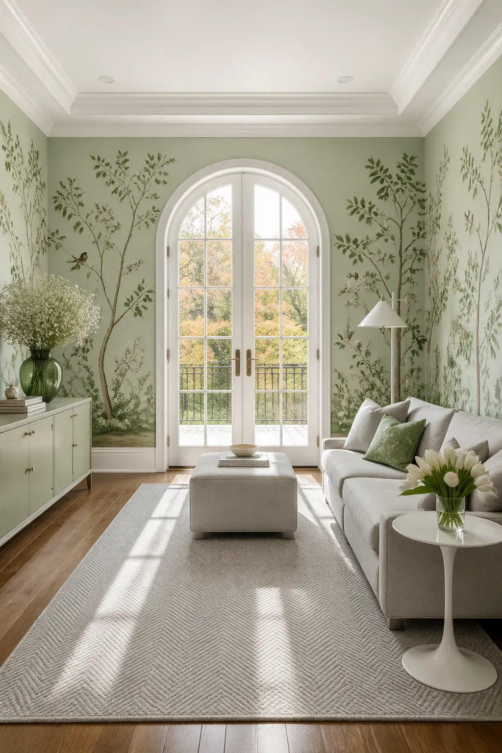 Mint green walls with a detailed botanical mural of thin-branching trees near a white arched French door.