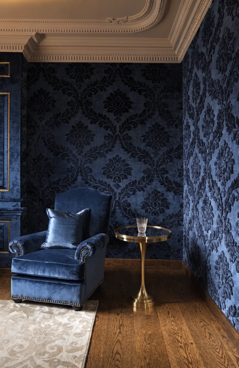 A formal sitting room with navy blue flocked velvet wallpaper and a matching armchair.