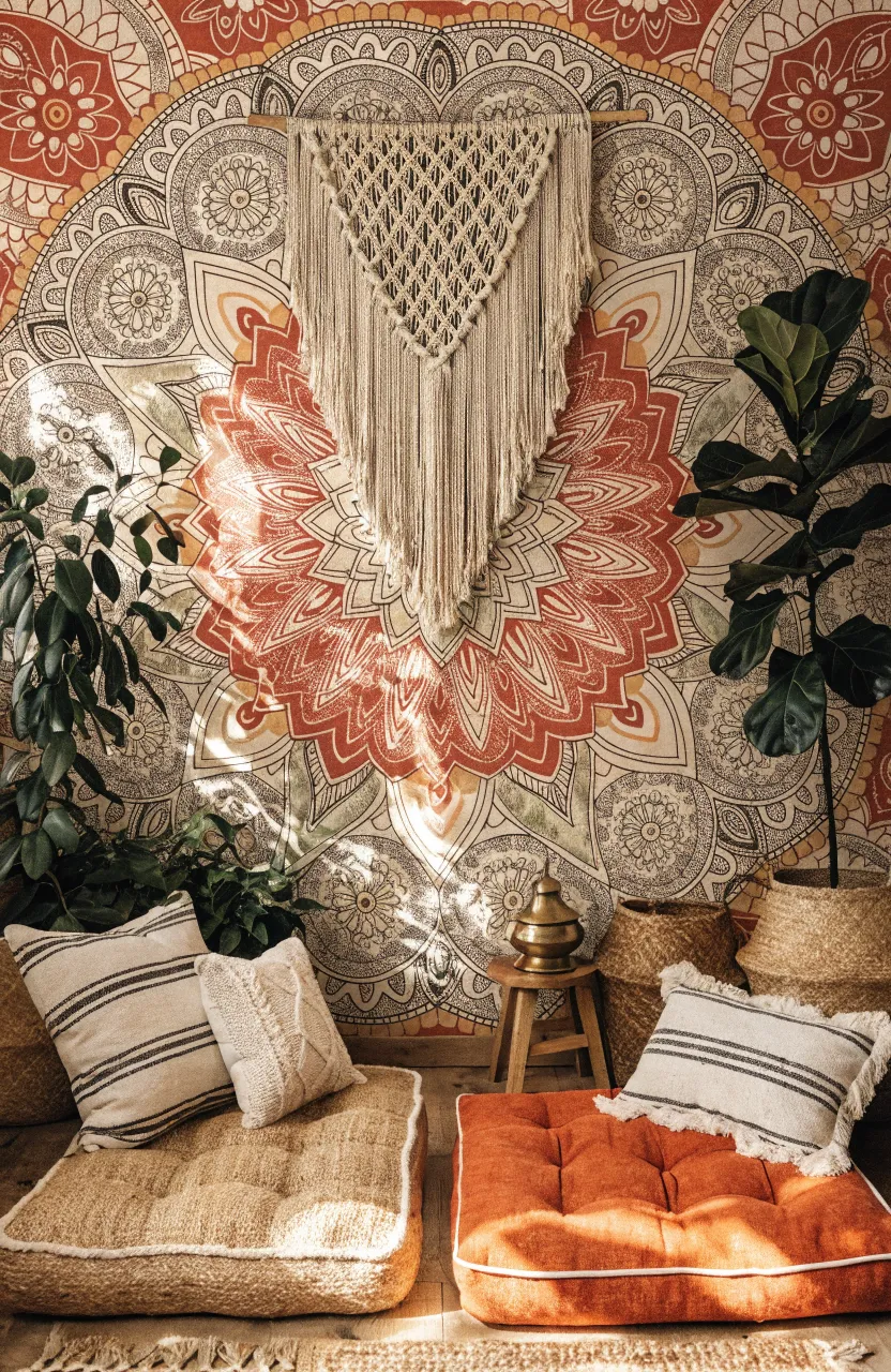 A bohemian living room with earthy mandala print wallpaper and floor cushions.
