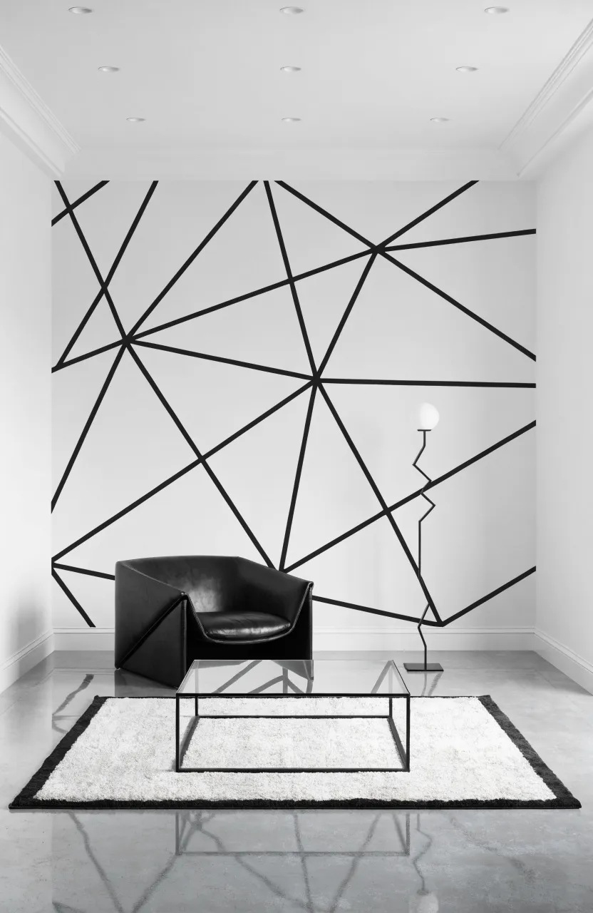 A minimalist living room with black geometric line wallpaper and a black leather chair.
